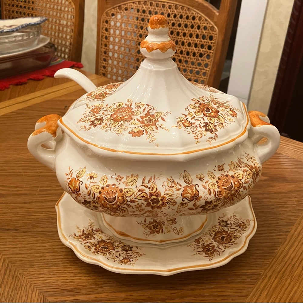 Vintage Porcelain 4 Piece Soup Tureen Ladle Set